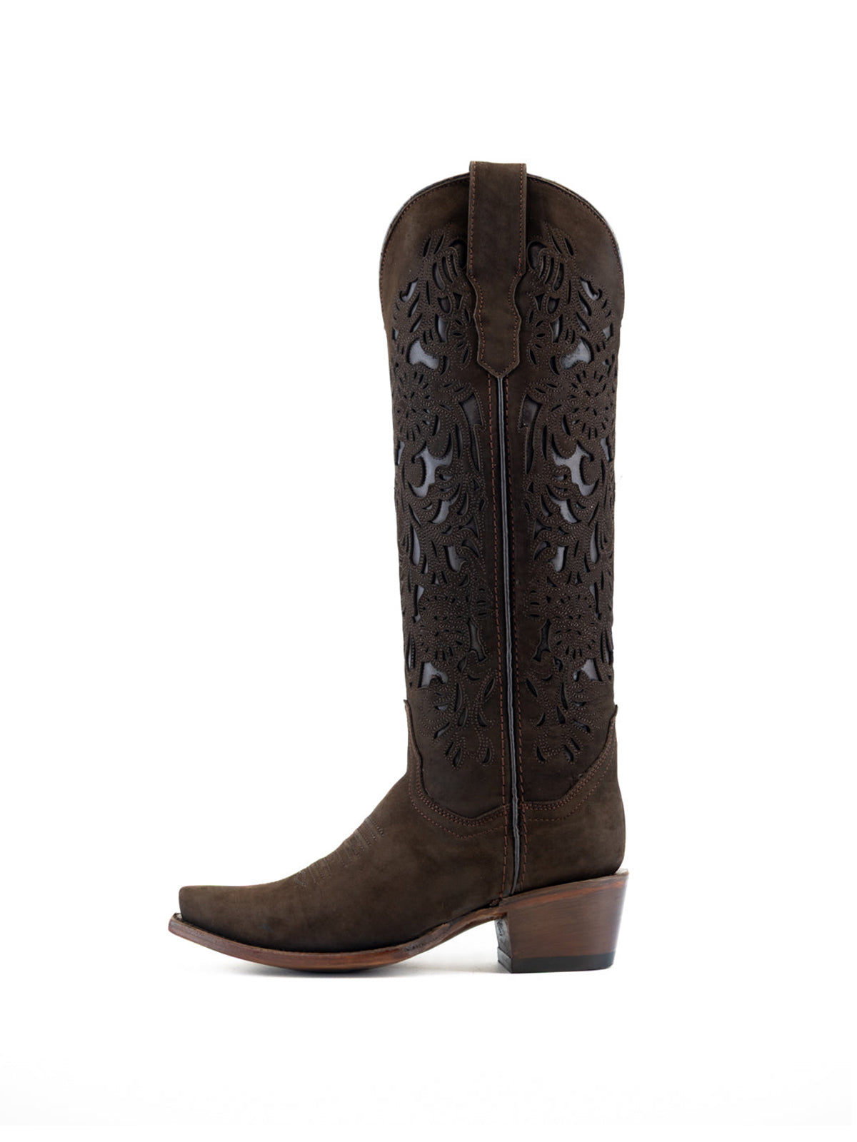 Brown Faux Suede Snip-Toe Chic Inlay Wide Calf Knee High Sleek Cowgirl Boots