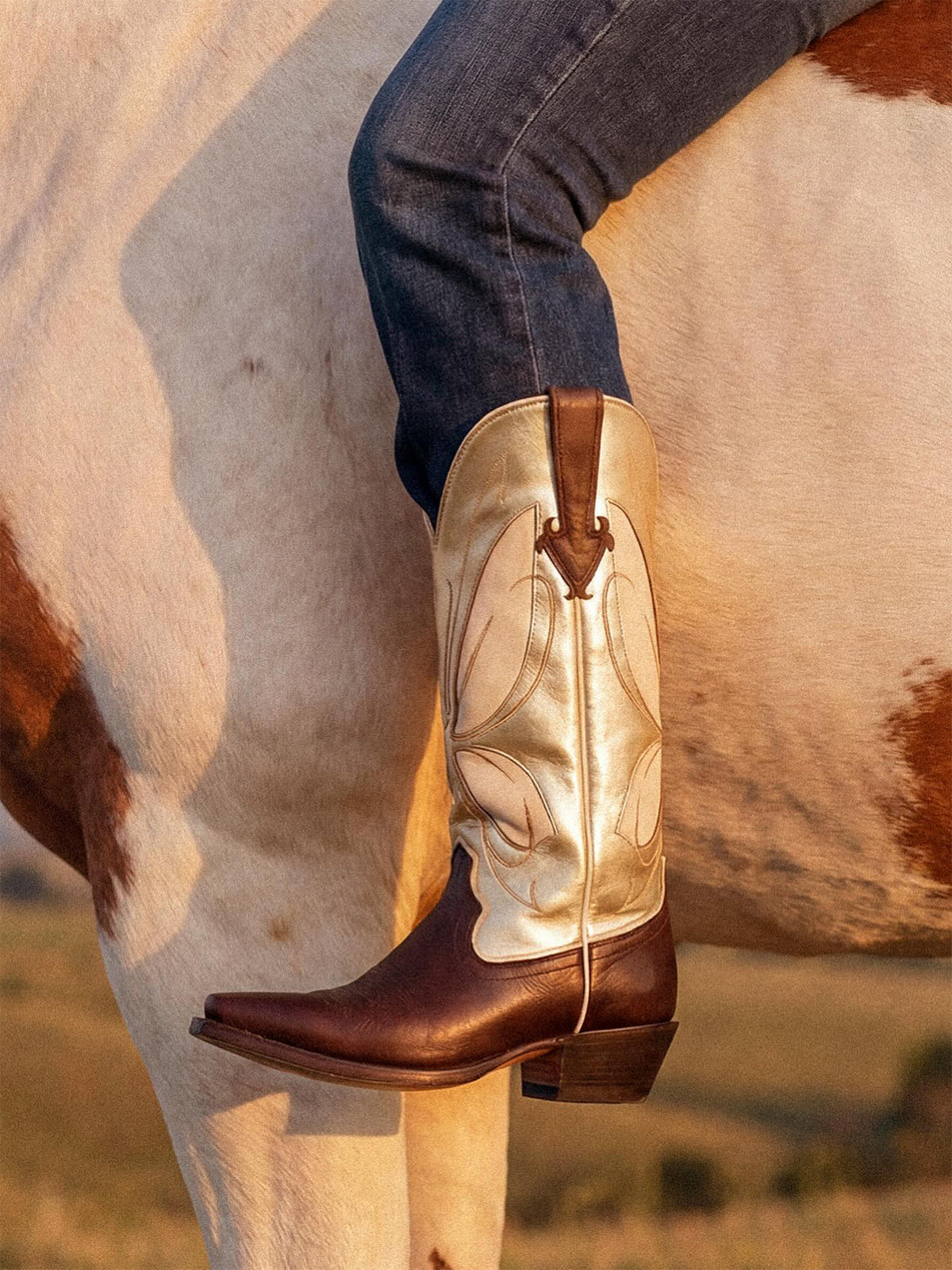 Contrast Metallic Gold And Black Snip-Toe Butterfly Inlay Wide Calf Knee High Cowgirl Boots