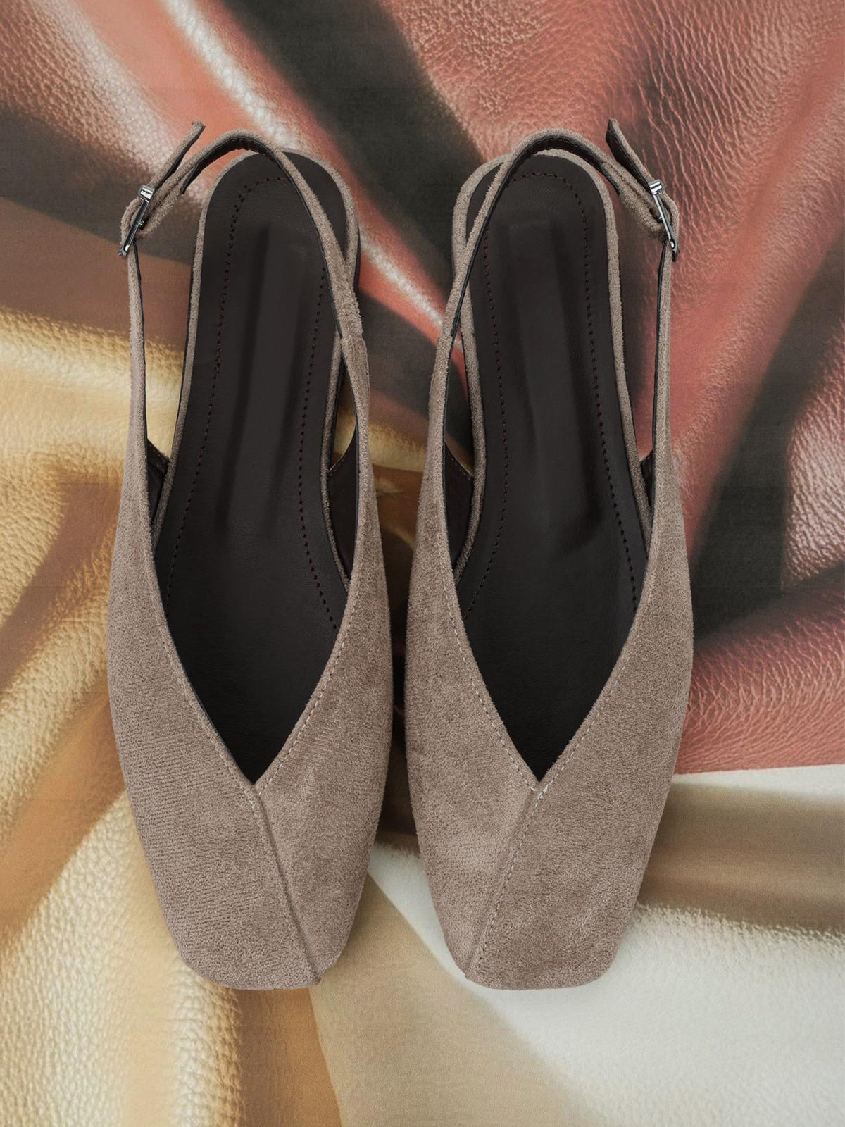 Taupe Square-Toe Classic Buckle Back Strap Slip-On Flats
