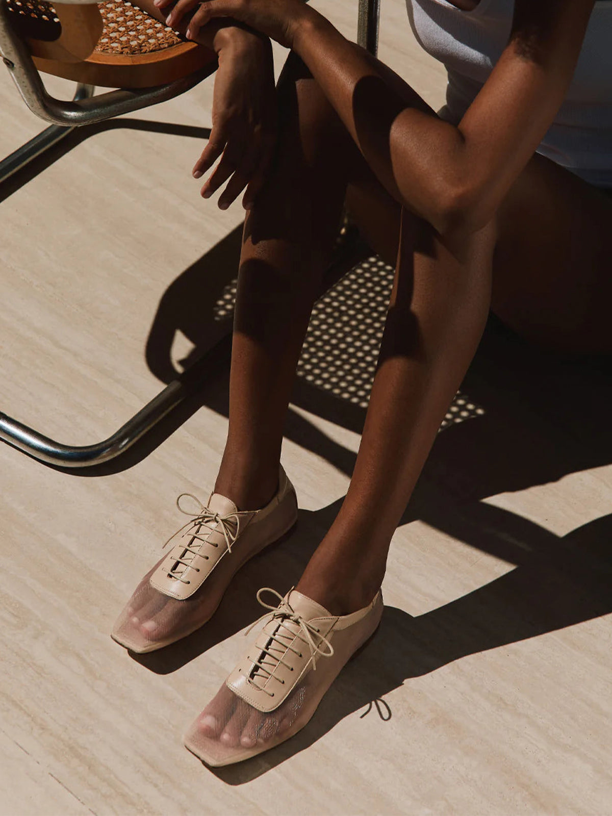 Beige Mesh And Vegan Leather Square-Toe Lace-Up Simple Flats