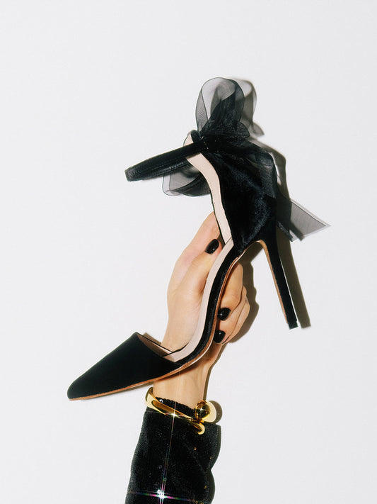 Black Velvet Pointed-Toe Back Ankle Bow And Ankle Strap High Heels