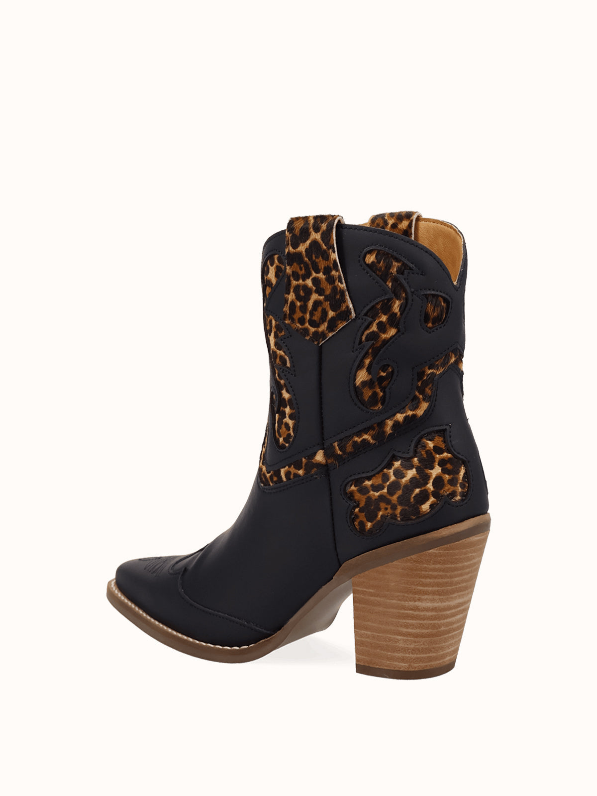 Black And Leopard Pattern Snip-Toe Sleek Ankle Cowgirl Boots