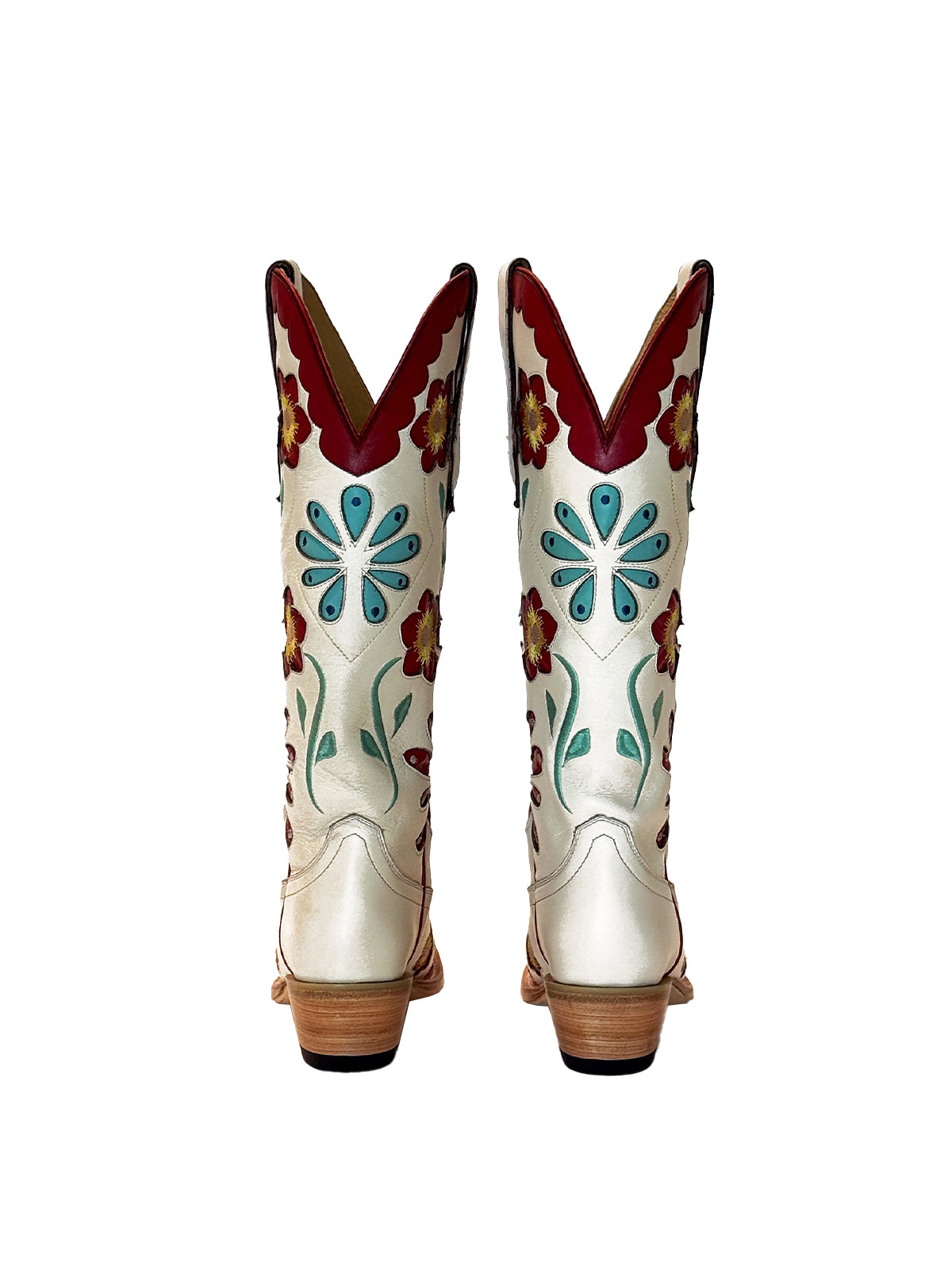 Bone Snip-Toe Colorful Flowers Inlay Wide Calf Knee High Cowgirl Boots