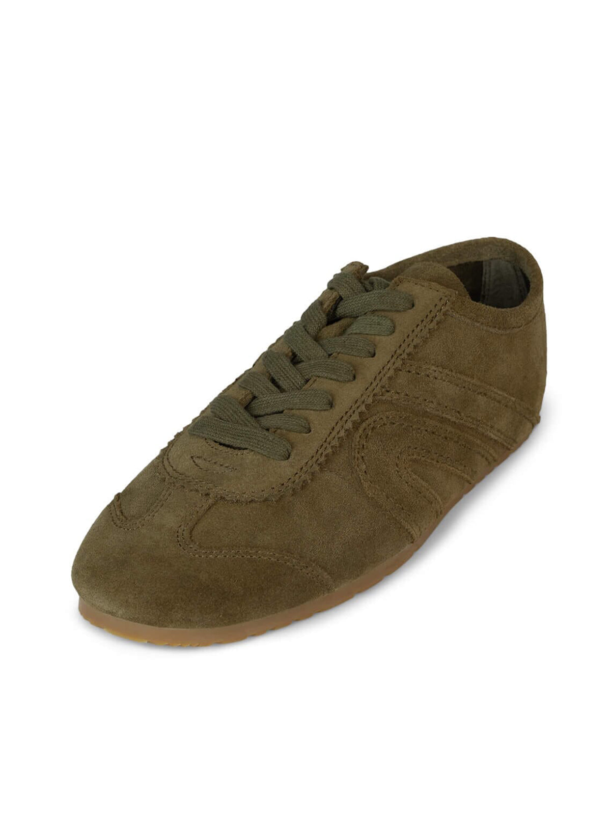 Olive Green Faux Suede Round-Toe Lace-Up Classic Sneakers Flats