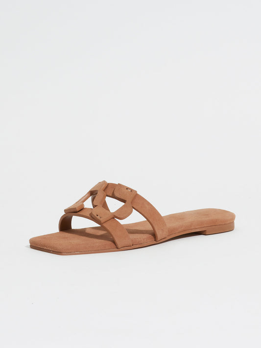 Camel Faux Suede Square-Toe Classic Slip-On Flat Slides