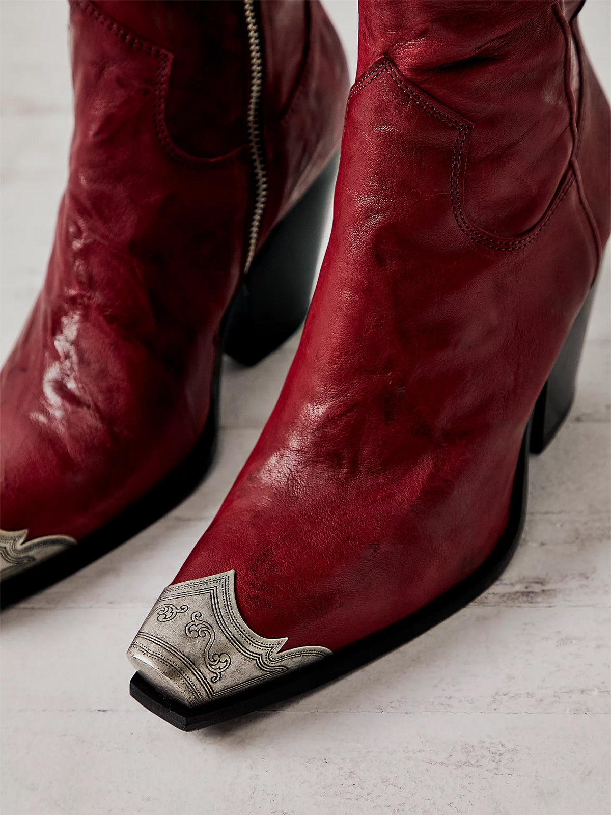 Metal Snip-Toe Full-Zip Classic Cowgirl Ankle Boots - Brandy