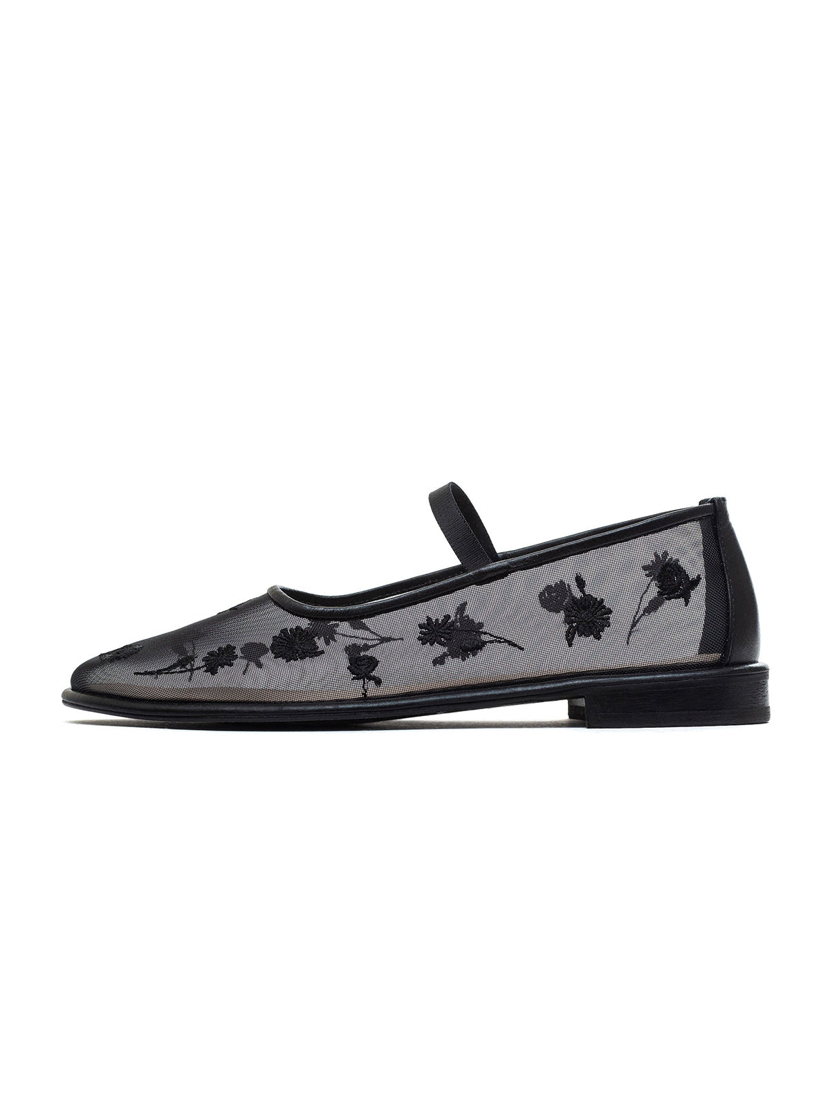 Black Mesh Round-Toe Wildflowers Embroidery Mary Jane Ballet Flats