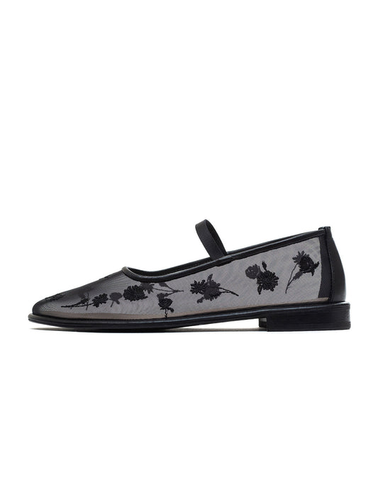Black Mesh Round-Toe Wildflowers Embroidery Mary Jane Ballet Flats