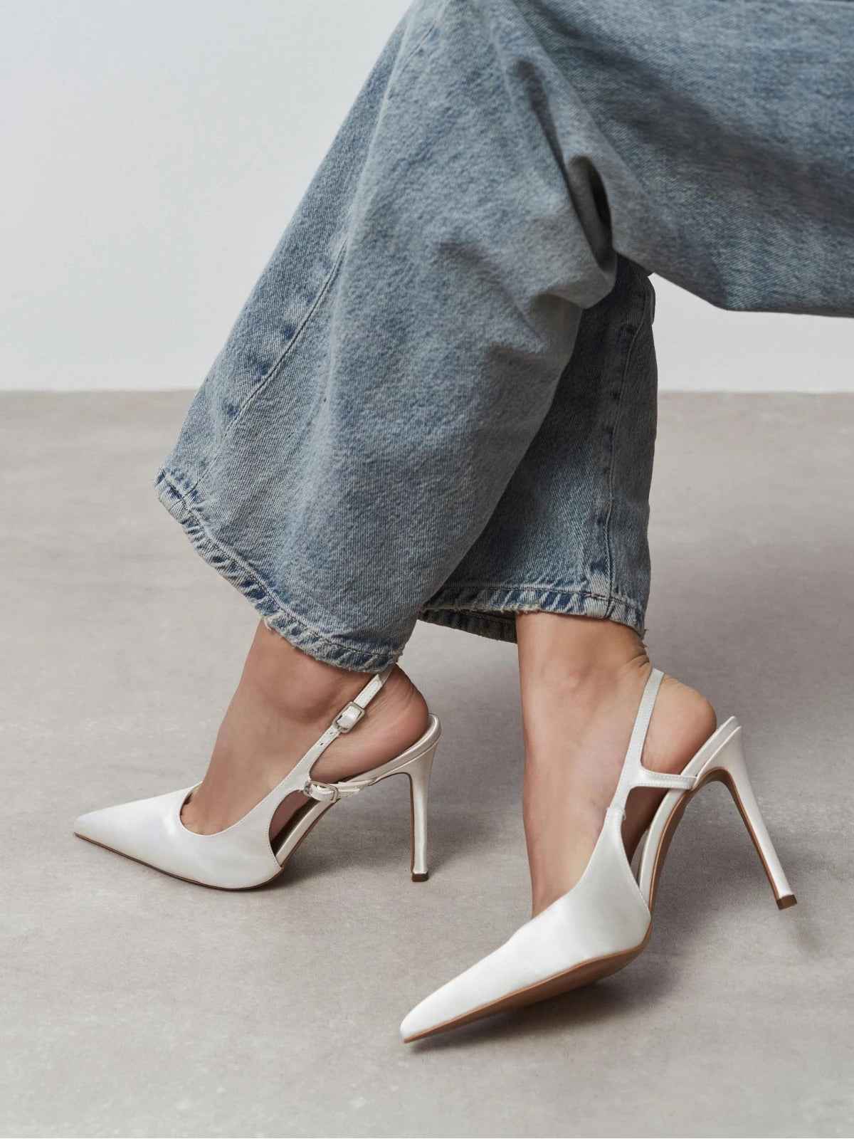 Satin Pointed-Toe Buckle Back Strap Chic High Heels - Ivory