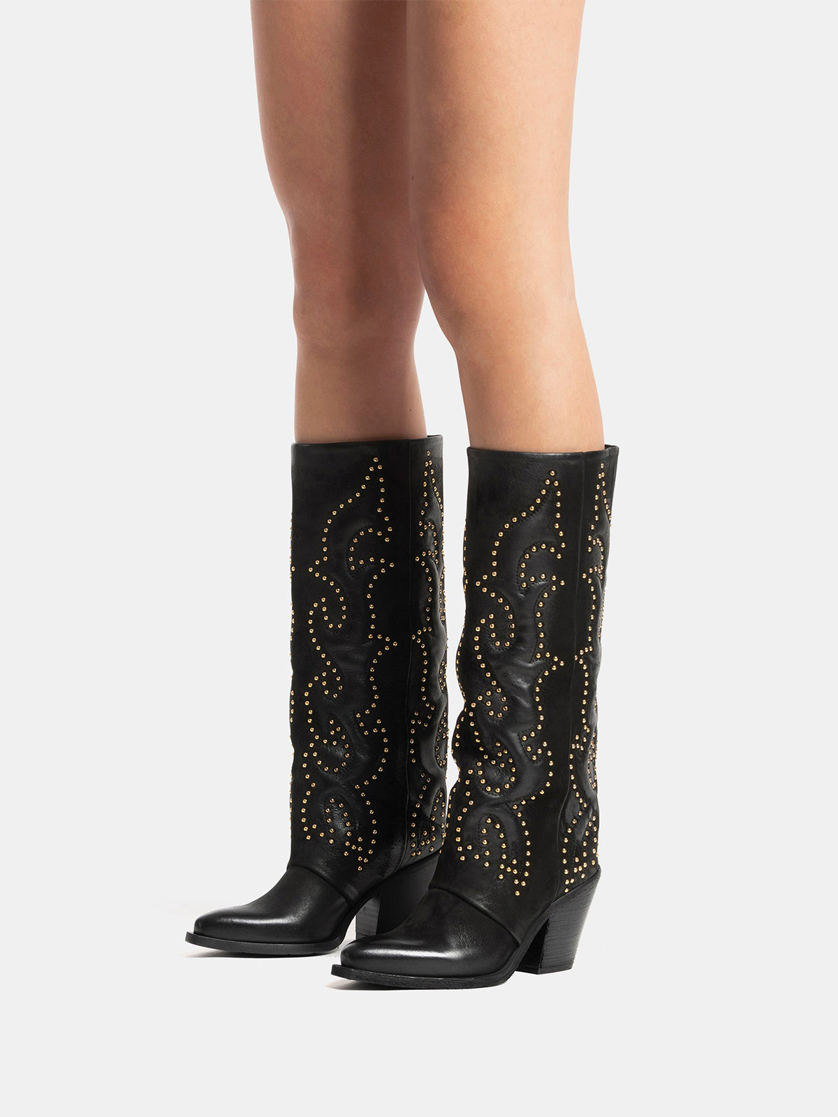 Black Snip-Toe Embroidery Gold Studs Wide Calf Knee High Cowgirl Boots