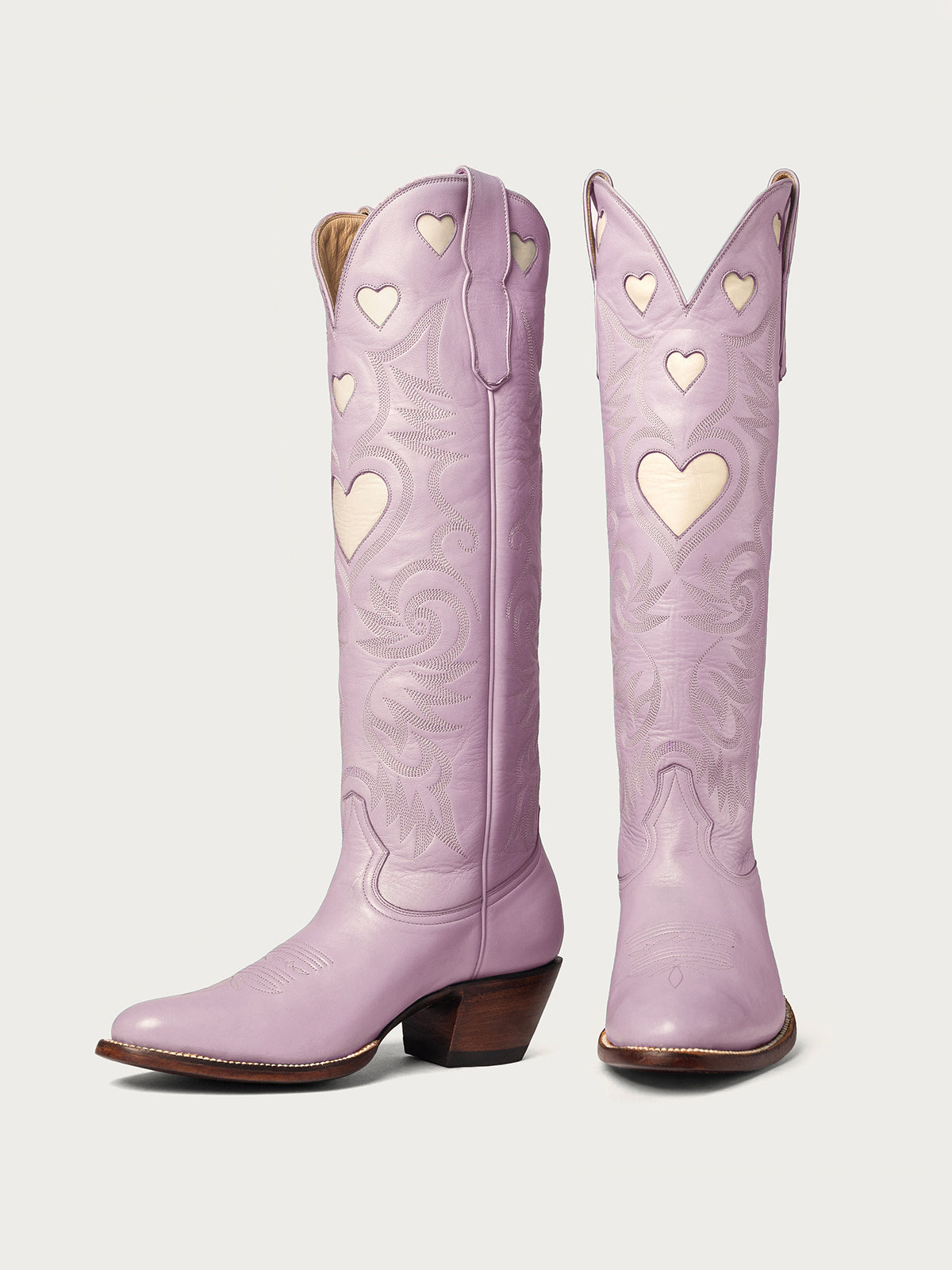 Ivory Heart Inlay Embroidery Almond-Toe Knee High Wide Calf Cowgirl Boots - Purple
