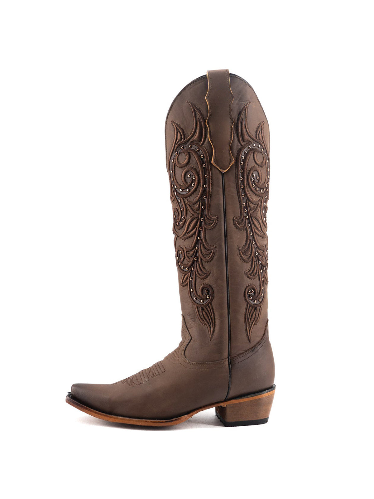 Snip-Toe Embroidery And Studs Half-Zip Knee High Cowgirl Boots For Woman - Chocolate