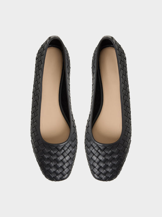 Black Woven Vegan Leather Square-Toe Simple And Classic Ballet Flats