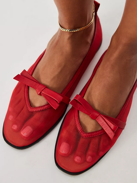 Red Round-Toe Slip-On Bow Mesh Ballet Flats