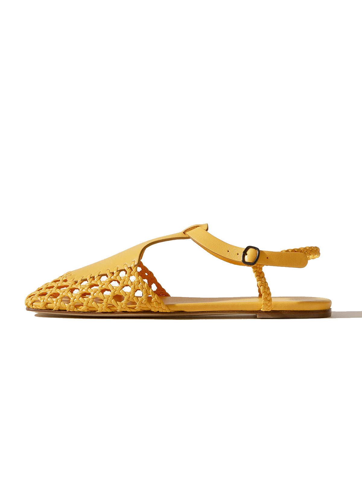 Yellow Woven Vegan Leather Square-Toe Ankle Strap Chic Flats