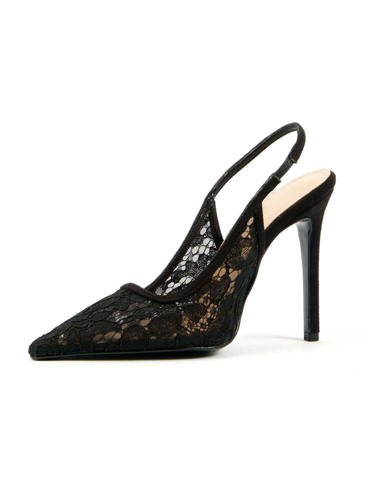 Black Lace Mesh Pointed-Toe Chic Back Strap Pumps High Heels