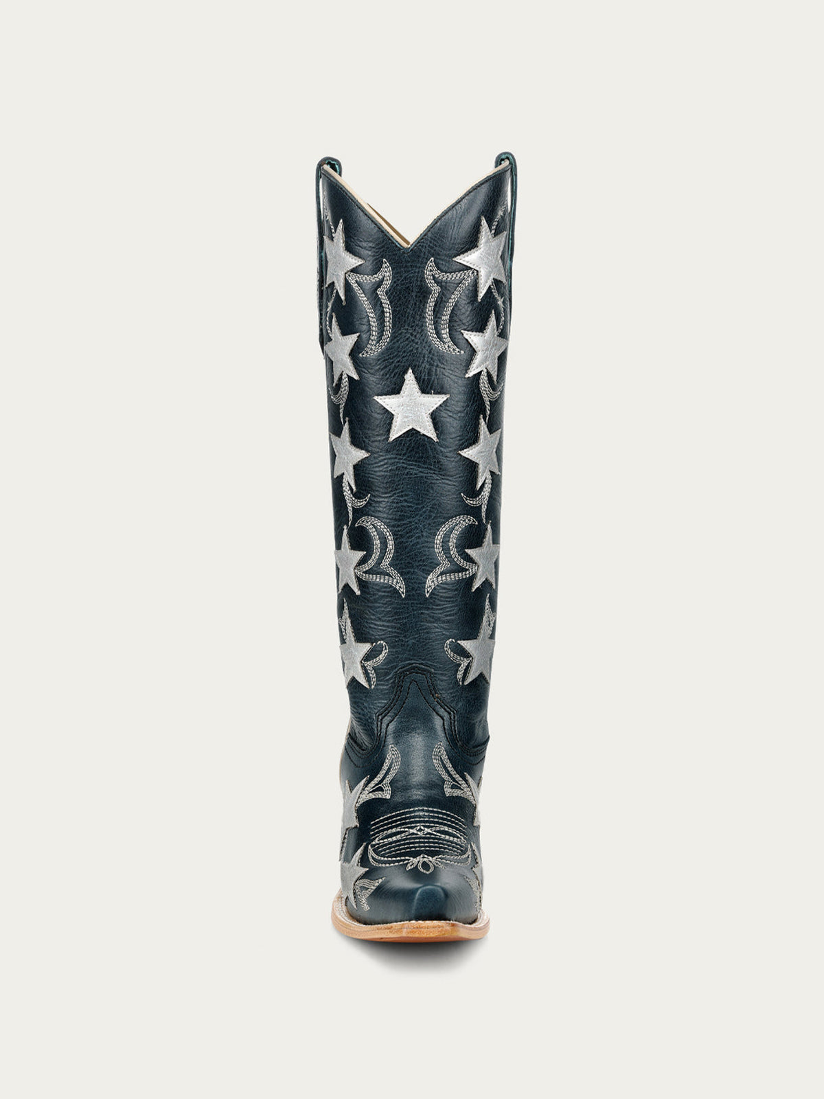 Navy Snip-Toe Chic Star Inlay With Embroidery Wide Calf Knee High Cowgirl Boots
