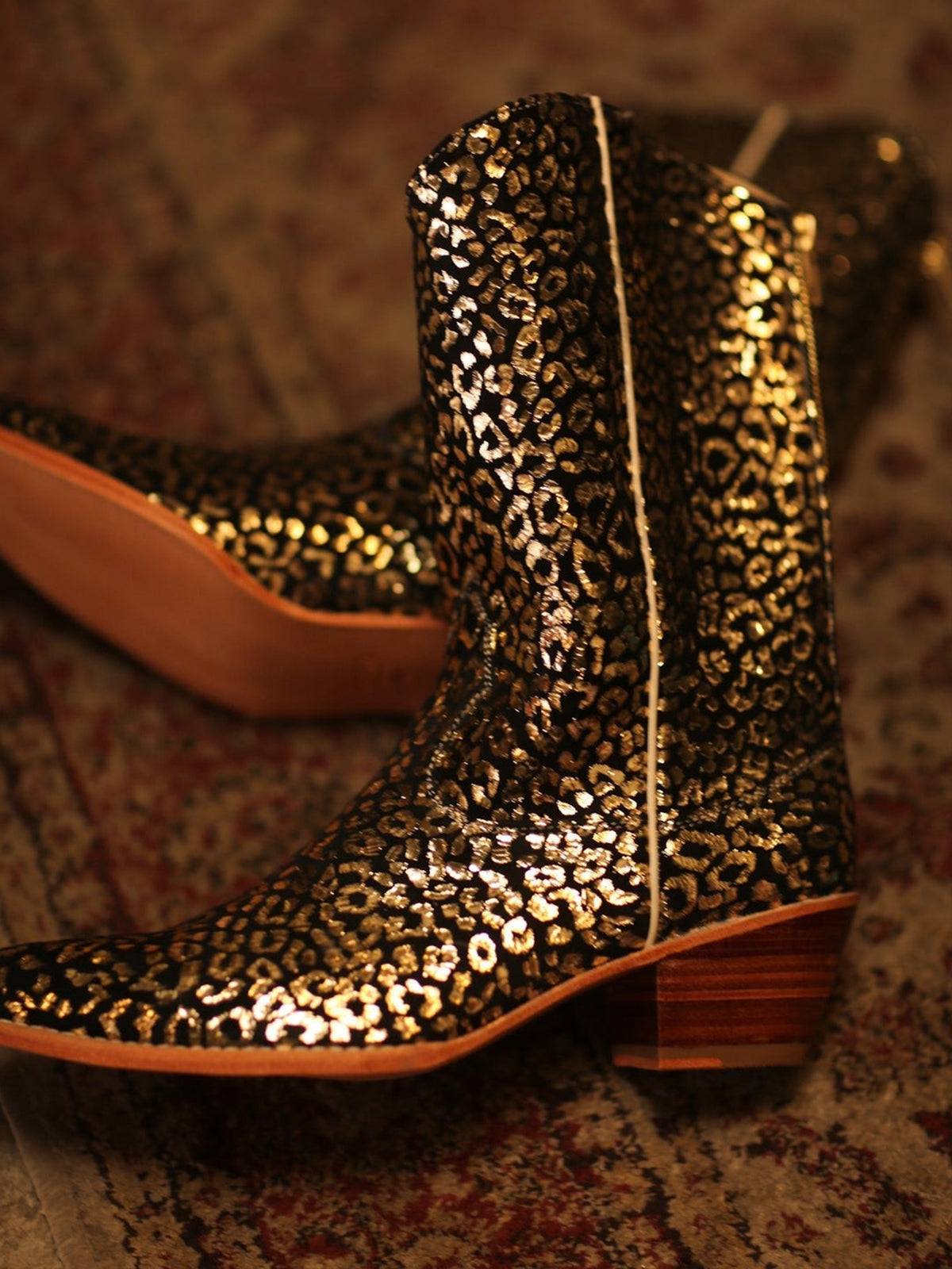 Metallic Gold And Black Faux Suede Round-Toe Back Full-Zip Simple Cowgirl Boots
