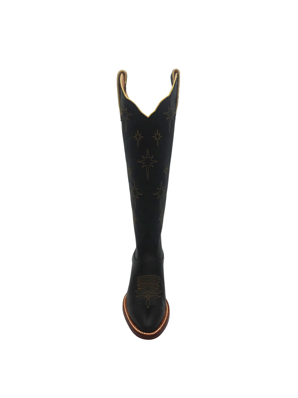 Black Almond-Toe North Stars Embroidery Wide Calf Knee High Cowgirl Boots