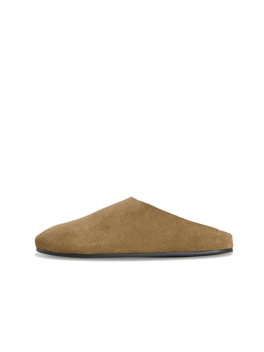 Tan Faux Suede Round-Toe Simple Slip-On Flat Slides