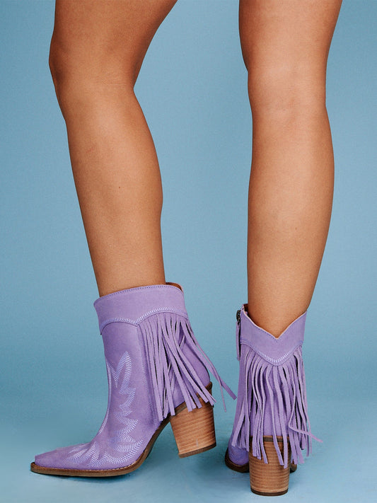 Lavender Faux Suede Snip-Toe Back Fringe Full-Zip Ankle Cowgirl Boots