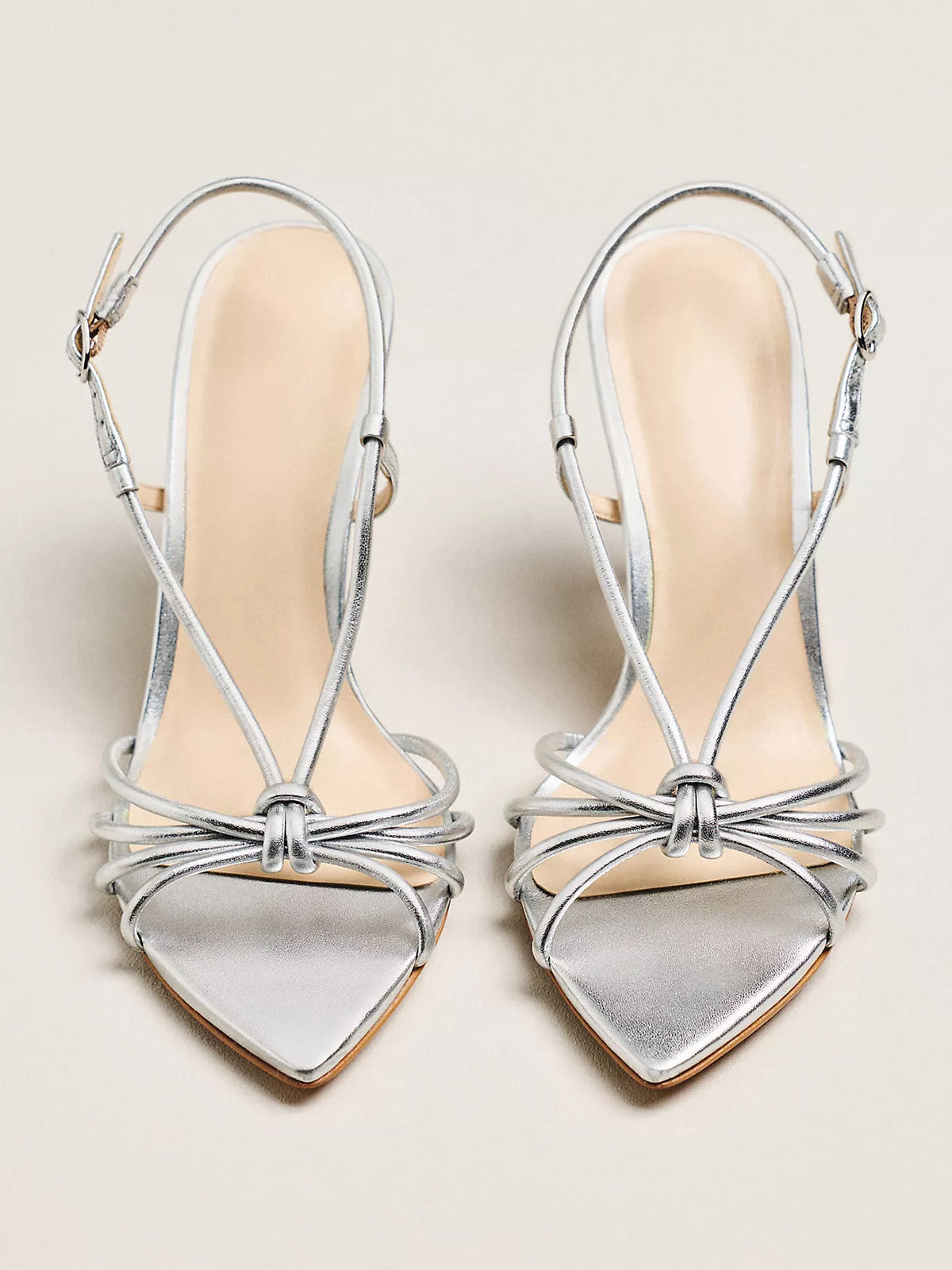 Metallic Silver Open Pointed-Toe Strappy And Buckle Slingback High Heels