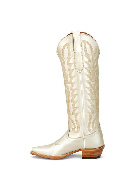 Metallic White Snip-Toe Single Row Stitch Knee High Cowgirl Boots