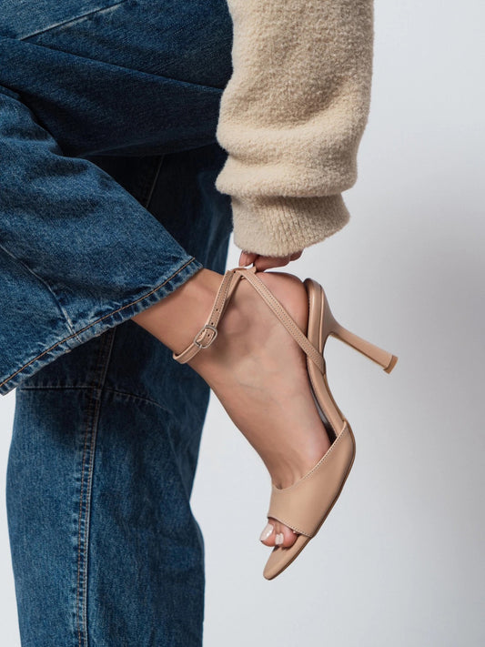 Beige Peep Pointed-Toe Chic Slingback And Ankle Strap High Heels