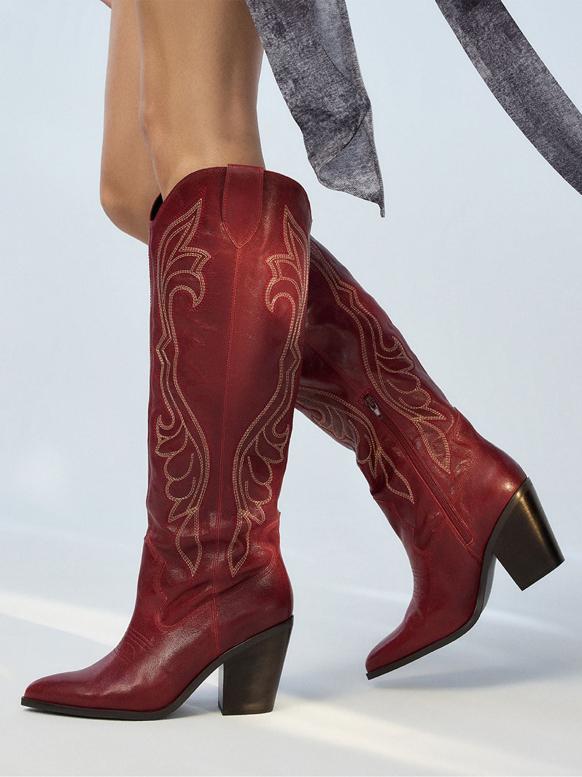 Red Pointed-Toe Embroidery Classic Half-Zip Knee High Cowgirl Boots