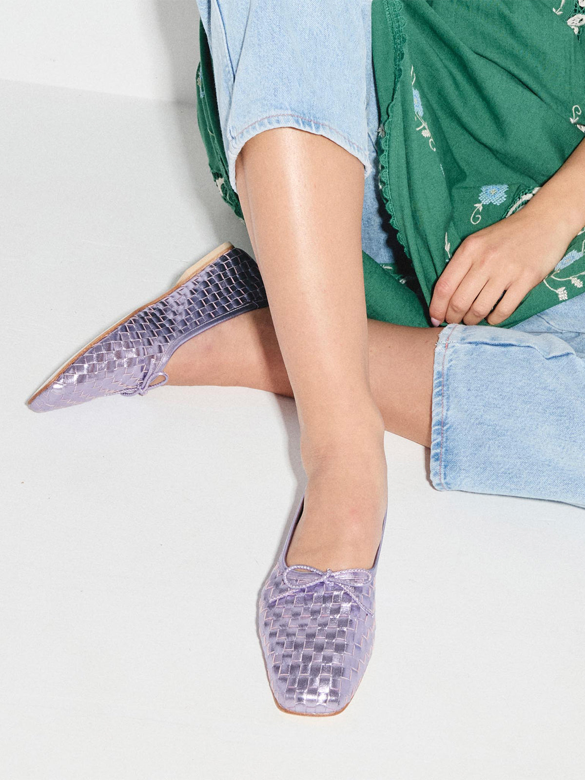 Vegan Leather Woven Square-Toe Bow Ballet Flats - Metallic Purple
