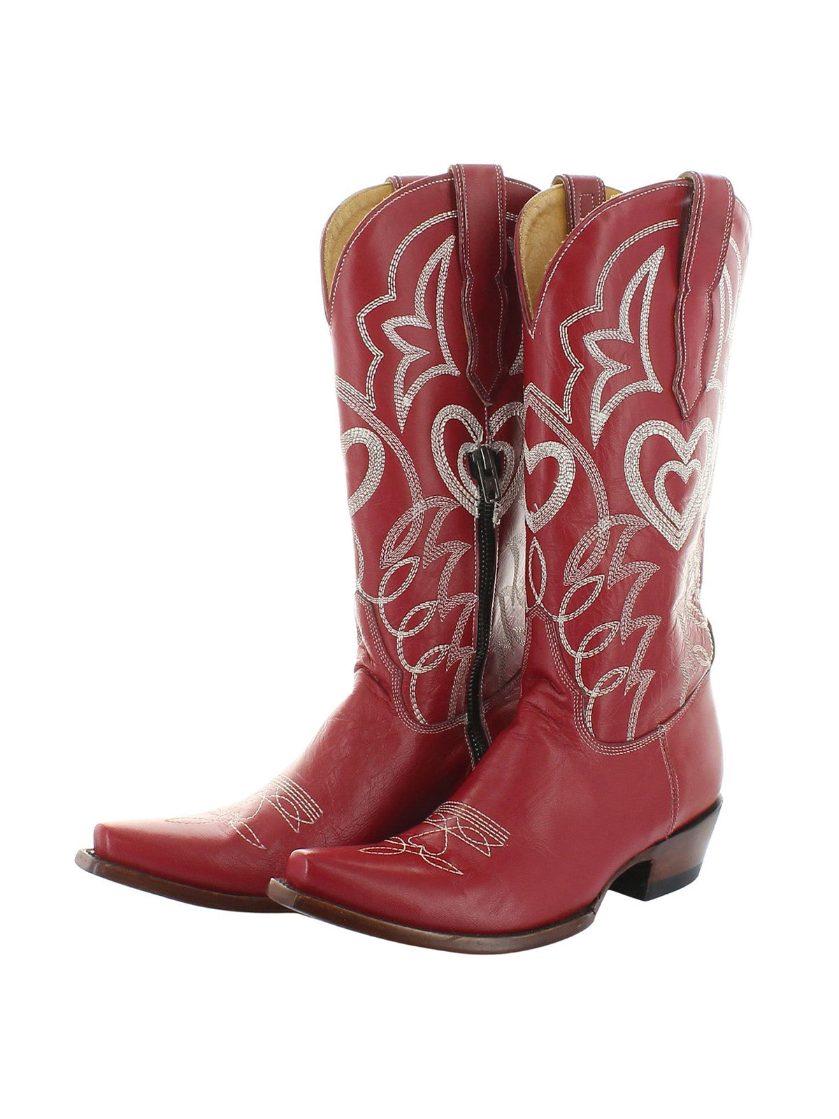 Red Snip-Toe Western And Heart Embroidery Half-Zip Mid Calf Cowgirl Boots