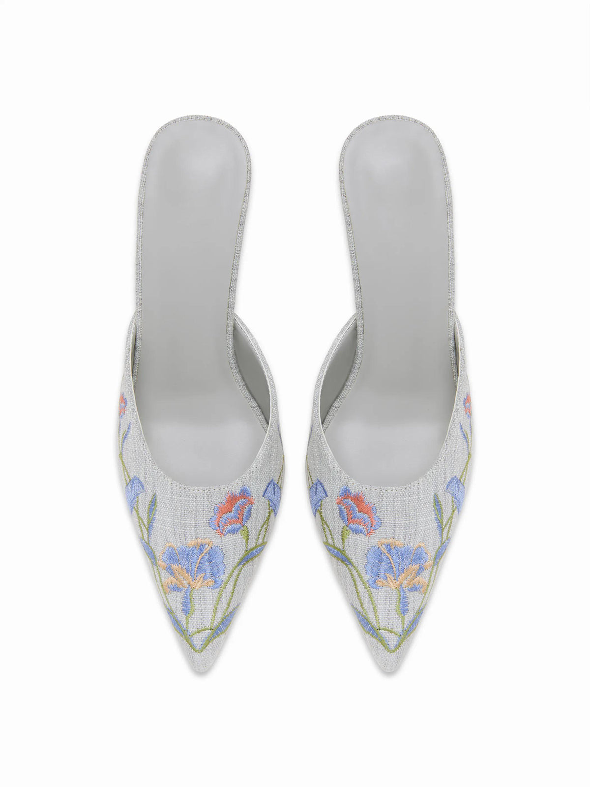 Blue Woven Canvas Pointed-Toe Flower Embroidery Slip-On High Heels