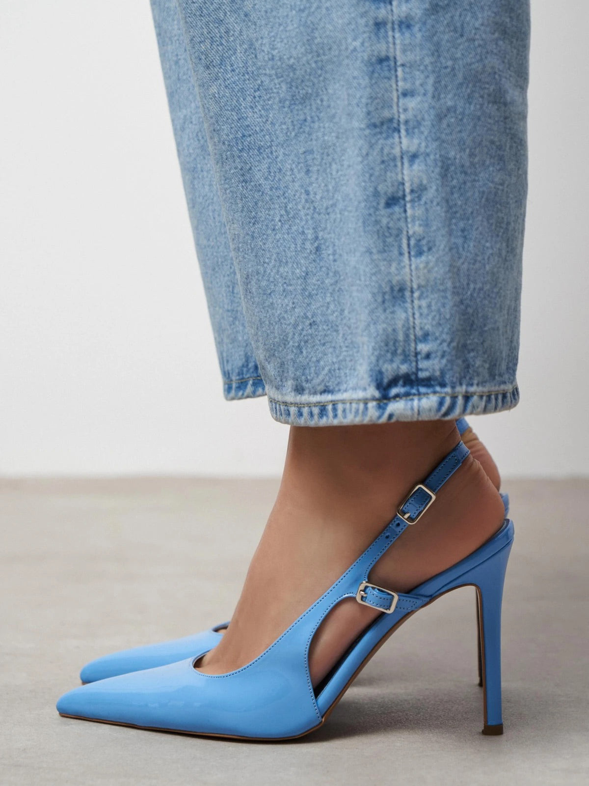 Patent Leather Pointed-Toe Buckle Back Strap Chic High Heels - Light Blue