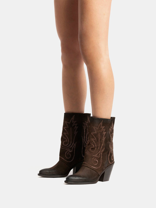 Coffee Snip-Toe Faux Suede Embroidery Mid Calf Cowgirl Boots