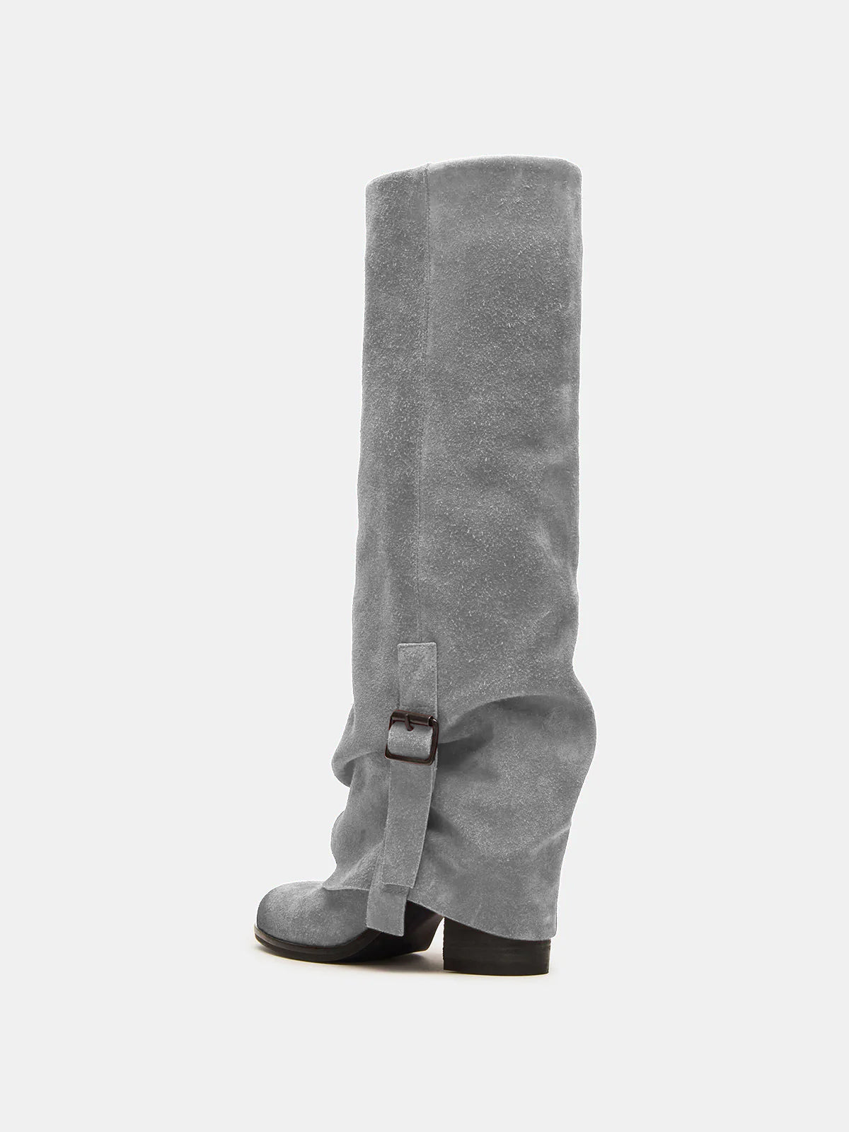 Gray Faux Suede Round-Toe Fold-Over Adjustable Buckle Knee High Cowgirl Boots