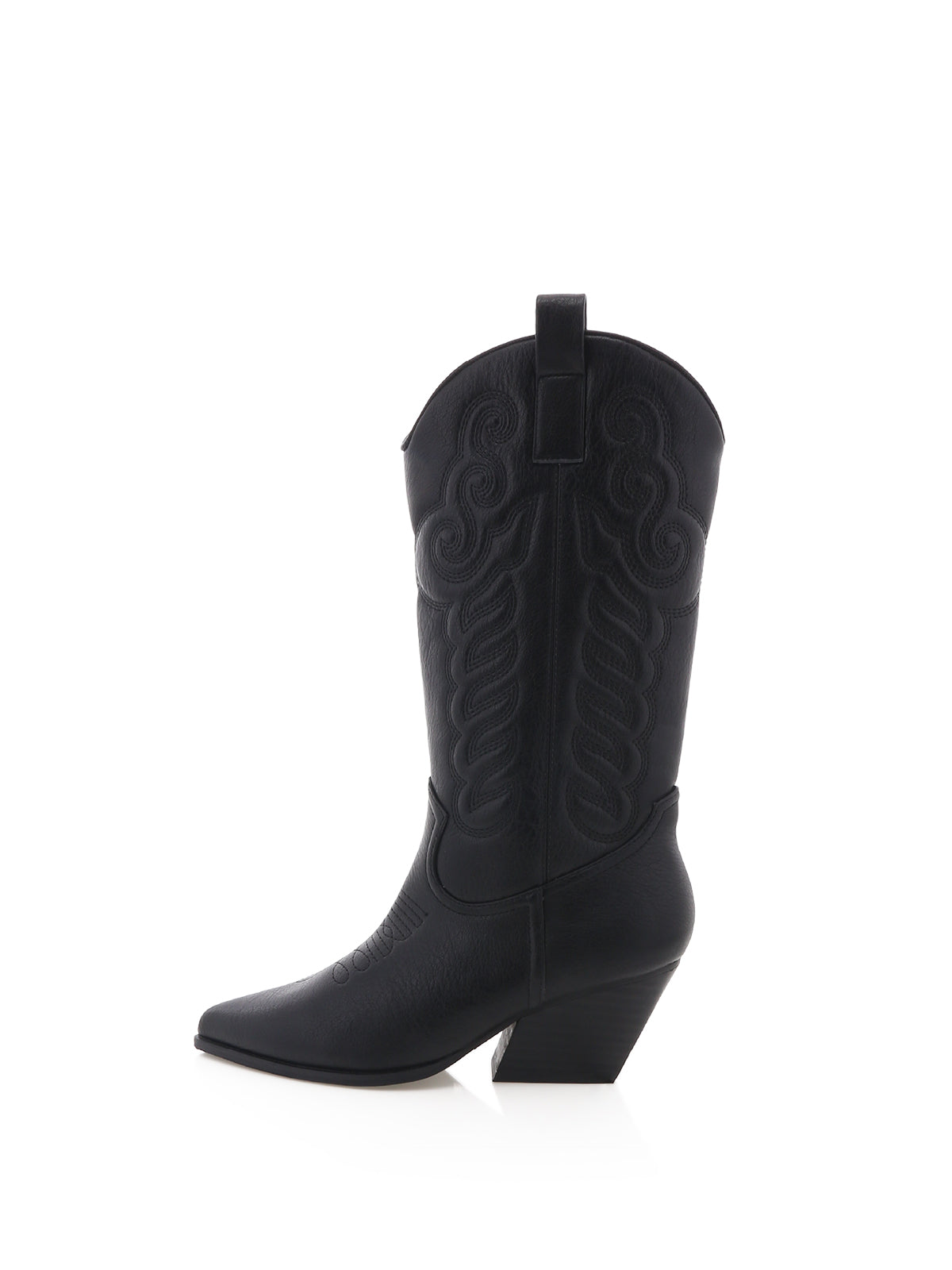 Black Pointed-Toe Embroidery Western Mid Calf Cowgirl Boots For Women