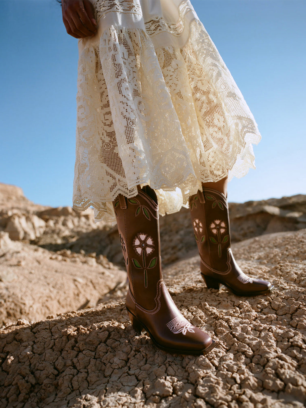 Coffee Square-Toe White Flowers Inlay Chic Mid Calf Cowgirl Boots