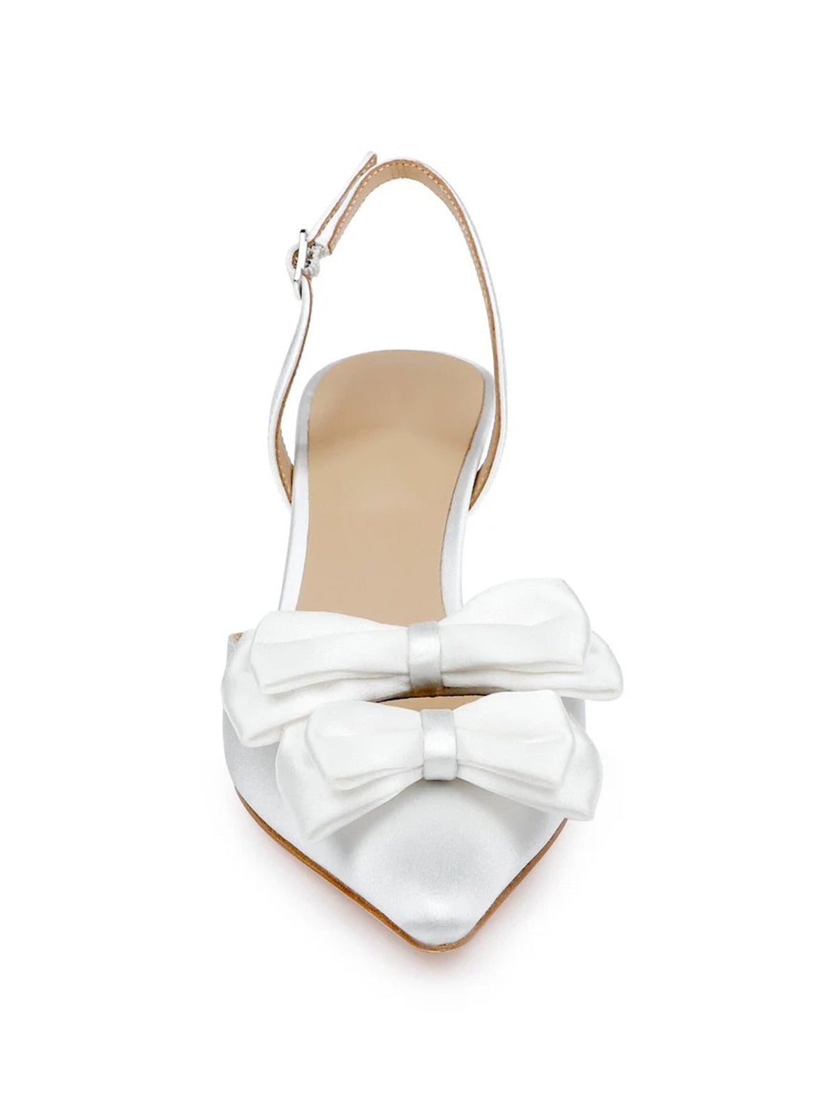 White Satin Pointed-Toe Front Double Bows Slingback High Heels