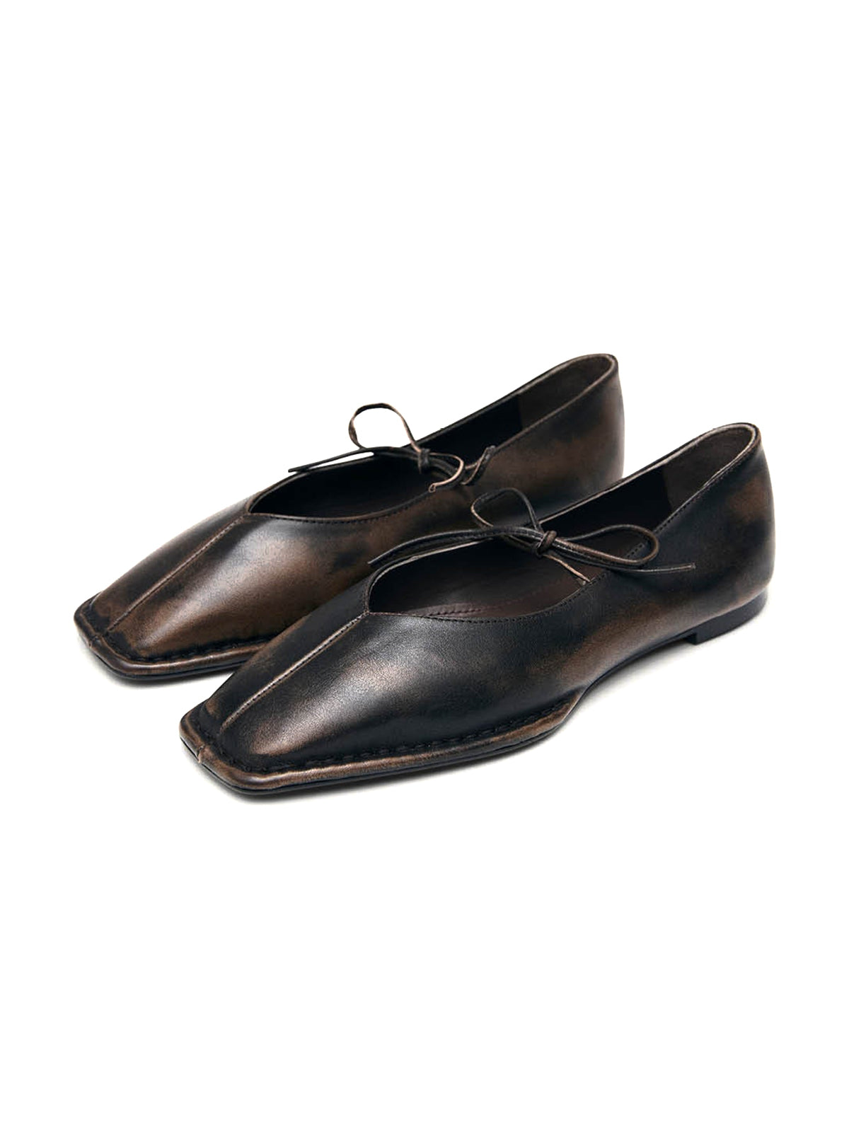 Brown Square-Toe Studs And Middle Strap Ballet Flats
