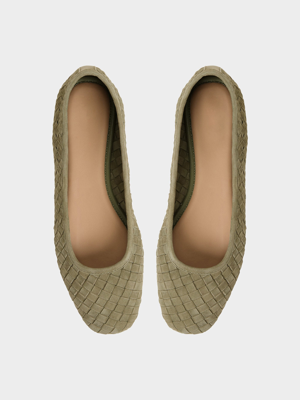 Green Woven Faux Suede Square-Toe Simple And Classic Ballet Flats