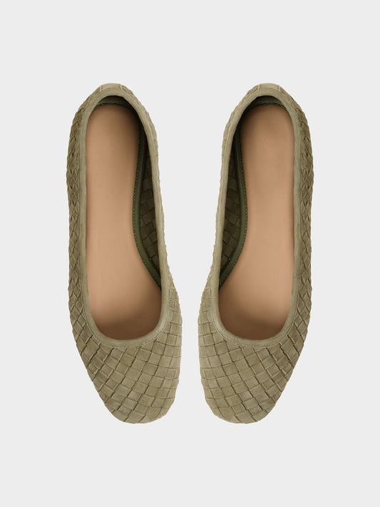 Green Woven Faux Suede Square-Toe Simple And Classic Ballet Flats