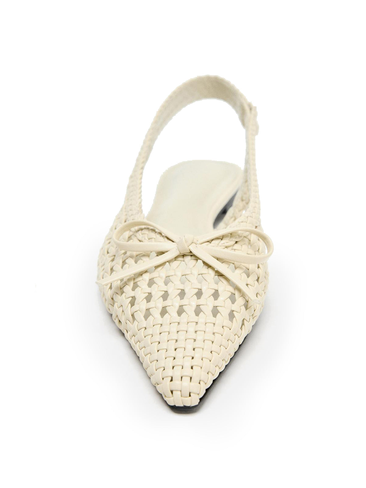 Beige Woven Vegan Leather Pointed-Toe Front Bow Slingback Flats