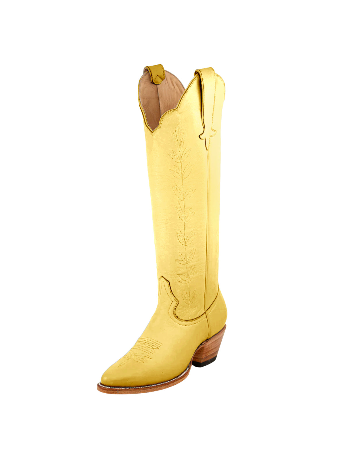 Almond-Toe Leaves Embroidery Wide Calf Knee High Cowgirl Boots - Yellow