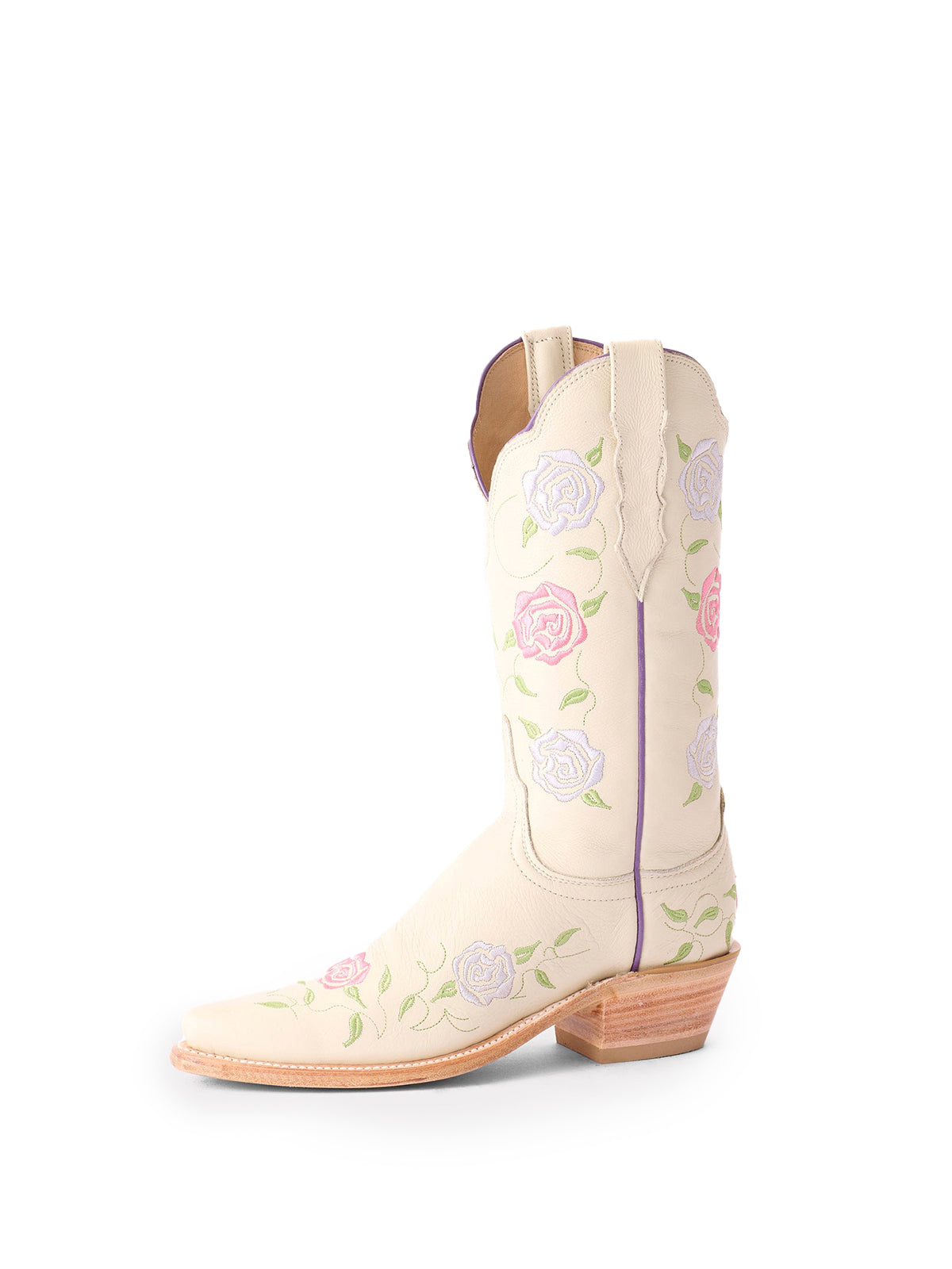 Cream Snip-Toe Rose Embroidery Mid Calf Cowgirl Boots