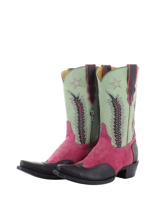 Contrast Tri-Color Snip-Toe Star Embroidery Studs Inlay Half-Zip Mid Calf Cowgirl Boots
