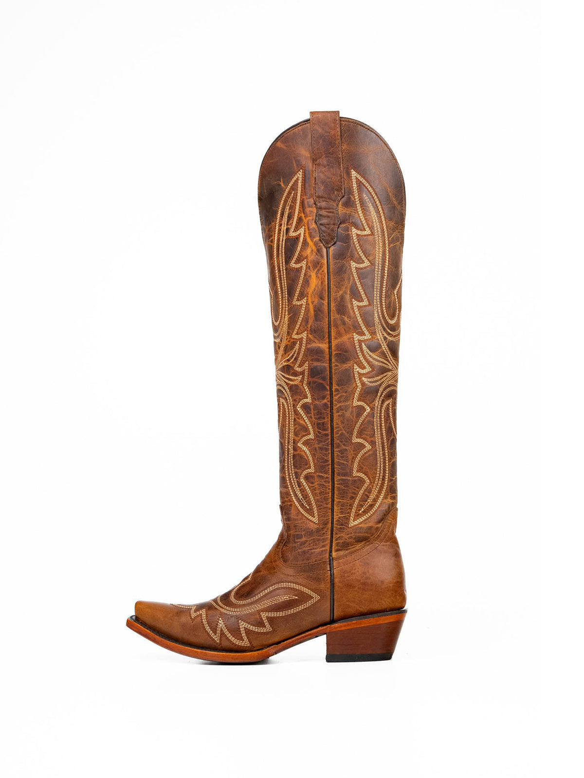 Distressed Honey Snip-Toe Embroidery Knee High Tall Half-Zip Cowgirl Boots