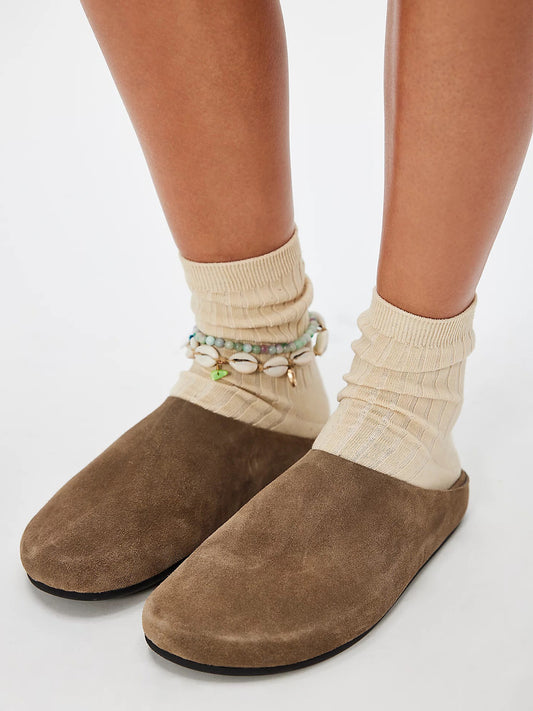 Khaki Faux Suede Round-Toe Slip-On Backless Mules Flats