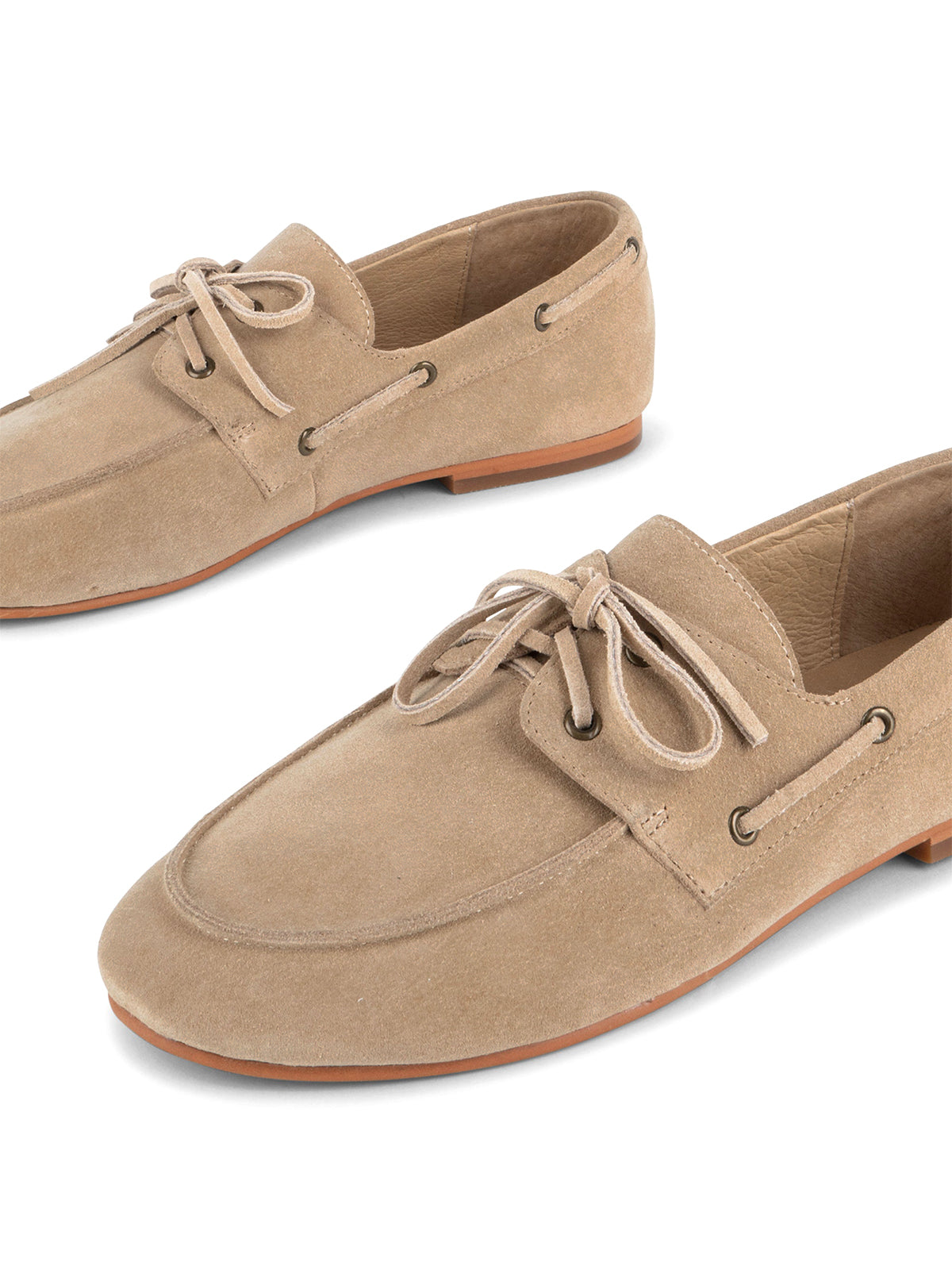Sand Cow Suede Round-Toe Lace-Up Boat Shoes Flats