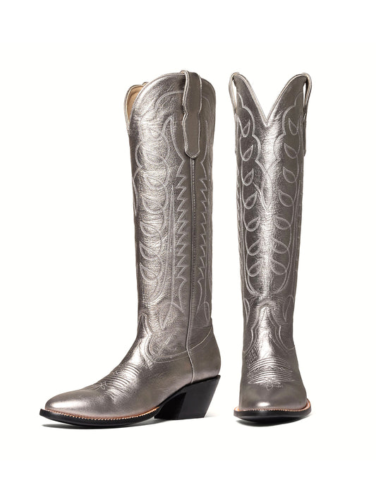 Metallic Silver Classic Almond-Toe Embroidery Tall Knee High Wide Calf Cowgirl Boots
