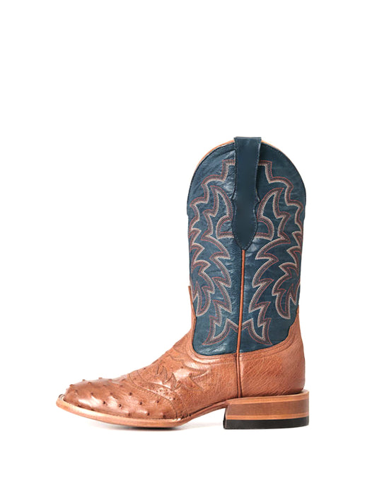 Contrast Blue And Cognac Ostrich Print Square-Toe Embroidery Mid Calf Cowgirl Boots